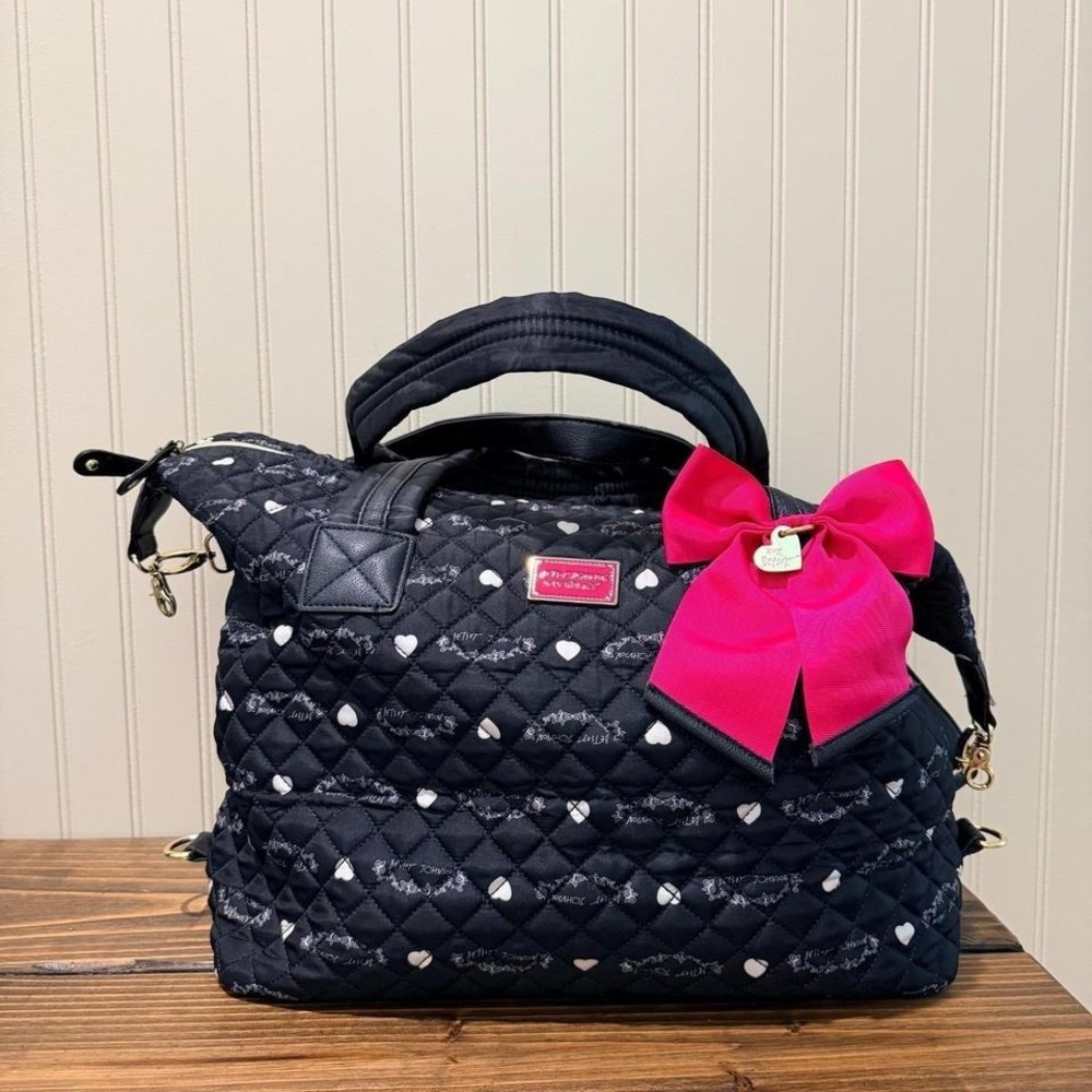Betsey Johnson Quilted Black Heart Bow Satchel Tote Floral Lined Travel Bag